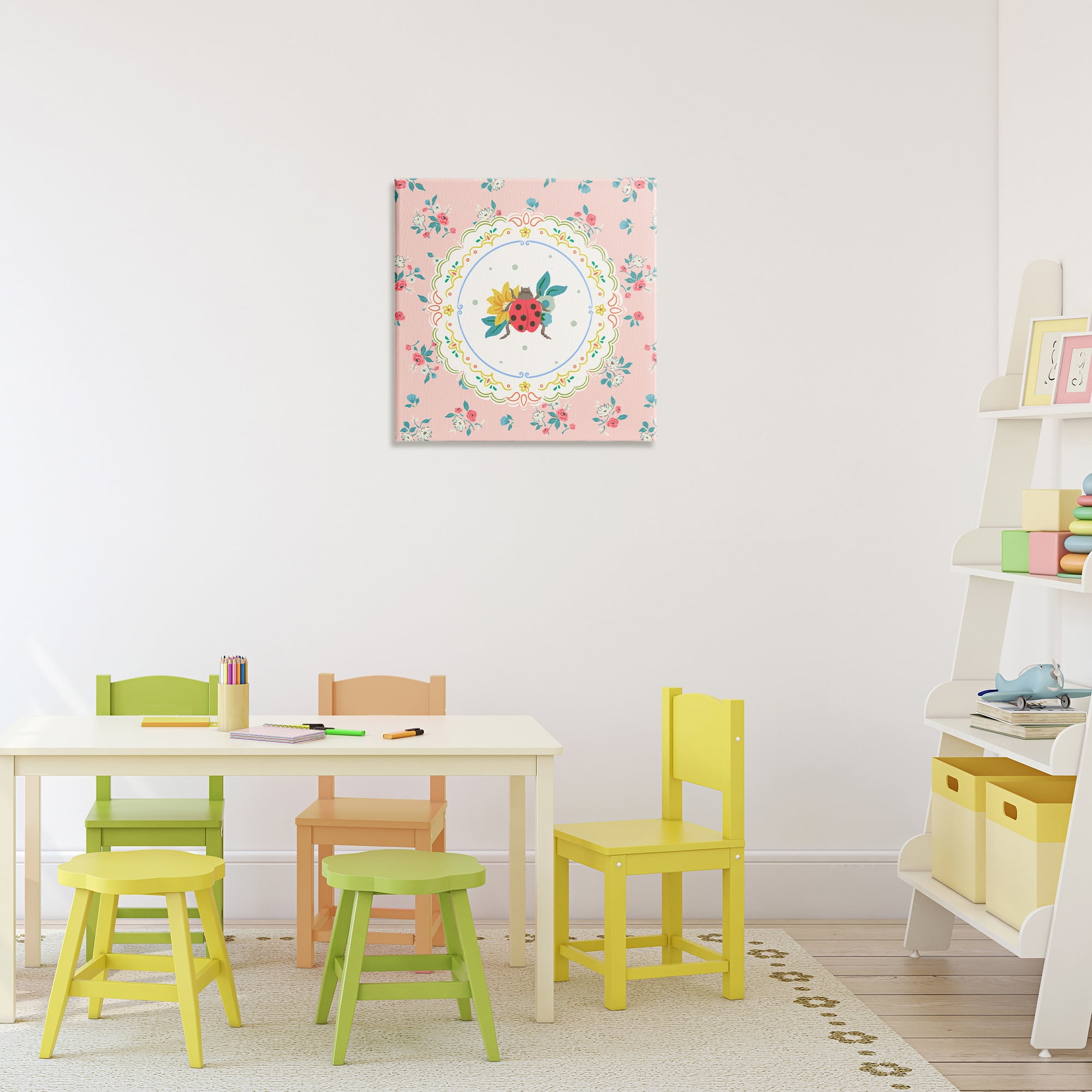 Spring Lady Bug Lace Pattern Canvas Wall Art, design by Angela Steahling