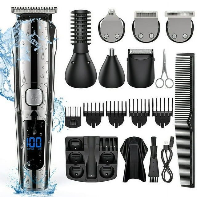 16 in 1 Hair Clippers, IPX7 Waterproof Hair Beard Trimmer USB Rechargeable Men's Cordless Haircut Groomer Kit w/2-Speed Adjustable, Barber Cape, Storage Stand for Face Nose Ear