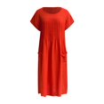 thumbnail image 3 of Women Fashion Long Dress Solid Round Neck Pocket Pleated Short Sleeve Dress Woman's Casual Dresses Causal Maxi Dresses for Women Woman Tan Dress Easter Dresses for Women plus Size Maxi Dresses for, 3 of 5