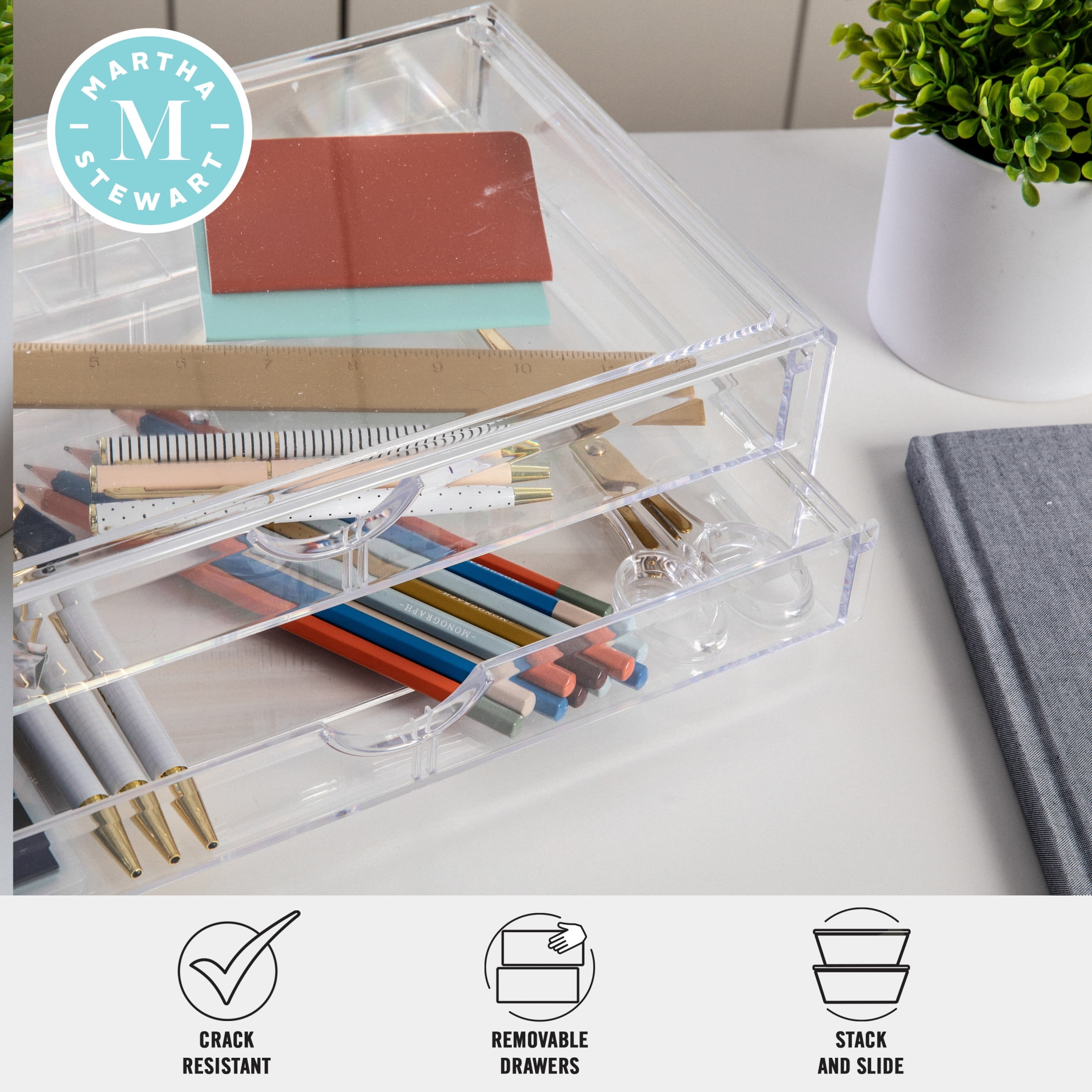 Martha Stewart Brody Plastic Stackable Office Desktop Organizer Box with 2 Drawers, 12.75" x 7.75"