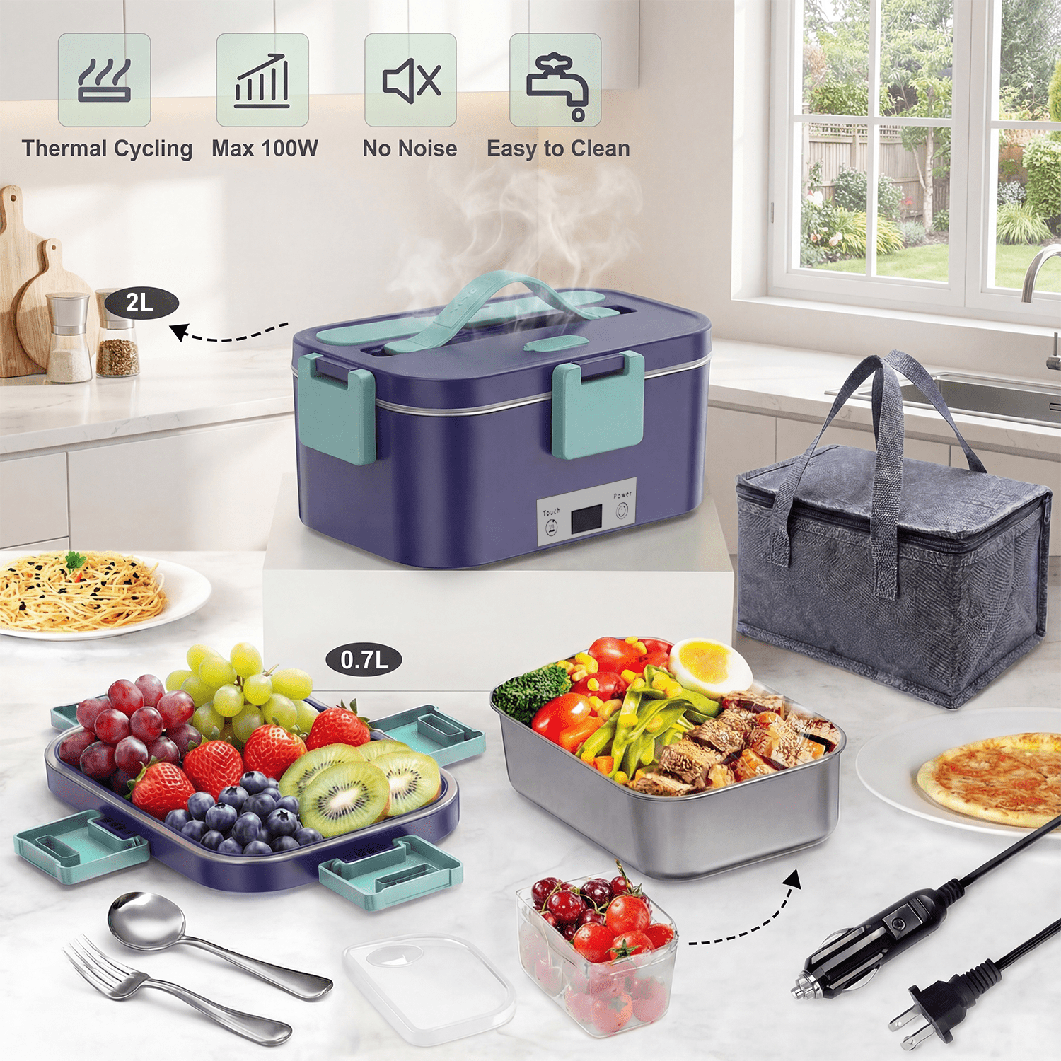 Electric Lunch Box Food Heater, Upgrade 100W High Power Portable Food Warmer, Heated Lunch Box for Adults Car/Home with 2L Removable Stainless Steel Container, 12V/24V/110V/220V