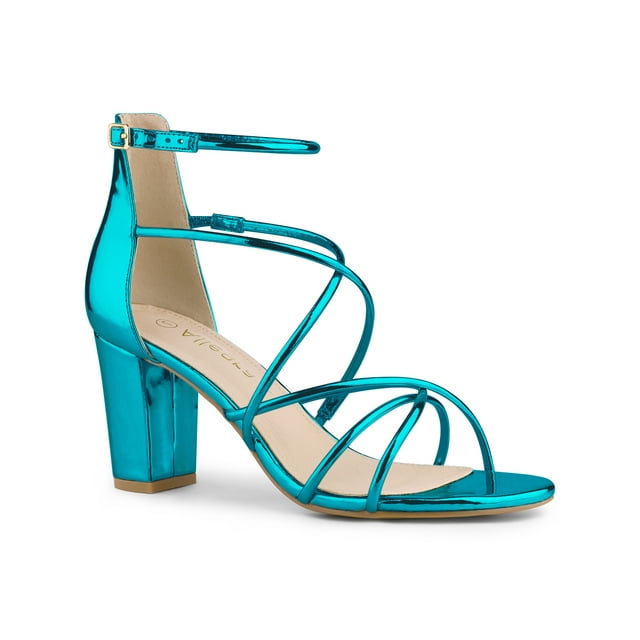 BLISSFUL STEP Sandales à Talons Blocs à Brides Croisées pour Femmes Bleu Lac 7,5