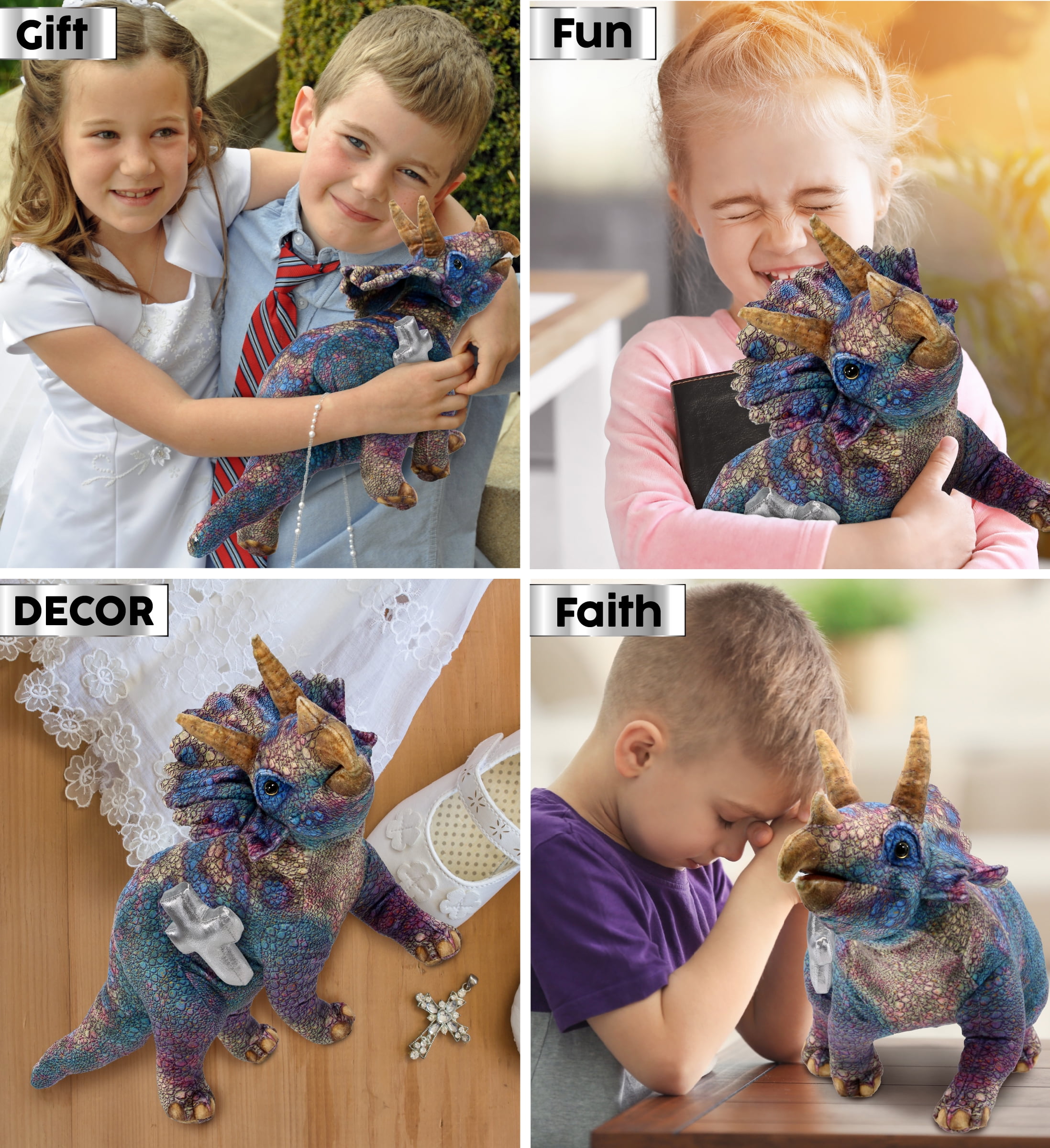DolliBu Wild Collection Triceratops Dinosaur Stuffed Animal with Silver Cross Plush - Baptism Gifts for Boys and Girls, Dedication Christening Gifts Plush Prayer Toy Healing Stuffed Animal - 23 Inches