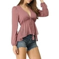 thumbnail image 6 of MODA NOVA Juniors Deep V Neck Drawstring Swiss Long Sleeves Blouse Tops Rose Red XL, 6 of 7