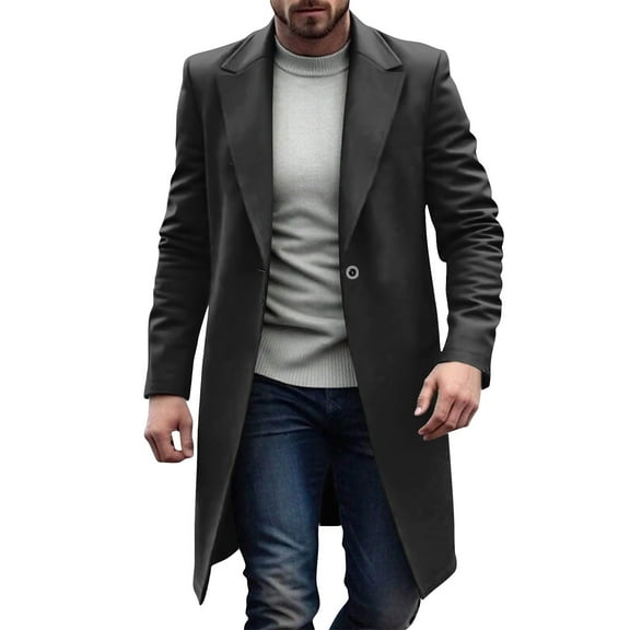 Chiccall Men's Notched Collar Trench Coat One Button Long Winter Pea Coats Windbreaker Classic Wool Overcoat with Pockets