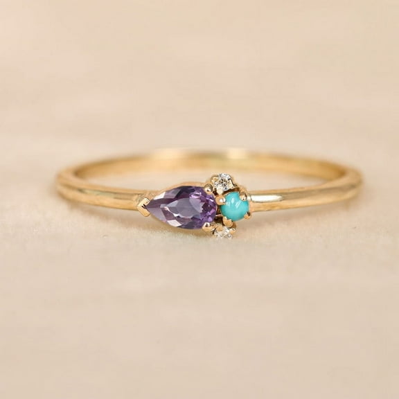 Pear Alexandrite, & Diamond Turquoise Ring, 925 Sterling Silver Delicate Ring, Dainty Stackable Ring, Minimalist Ring, Anniversary Gift.