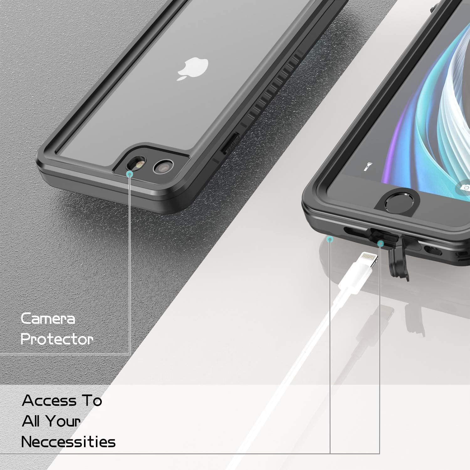 iPhone SE 2022 Case,Dteck Waterproof iPhone SE 2020/iPhone 7/8 4.7" Case,Shockproof Rubber Hybrid Clear Built-in Screen Protector Heavy Duty IP68 Waterproof Case for iPhone 7/8/SE 2020/SE 2022,Black