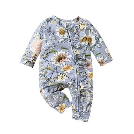 

hirigin Infant Baby Spring Romper Flower Print Long Sleeve Crew Neck Slanted Zip Closure Ruffle Jumpsuit