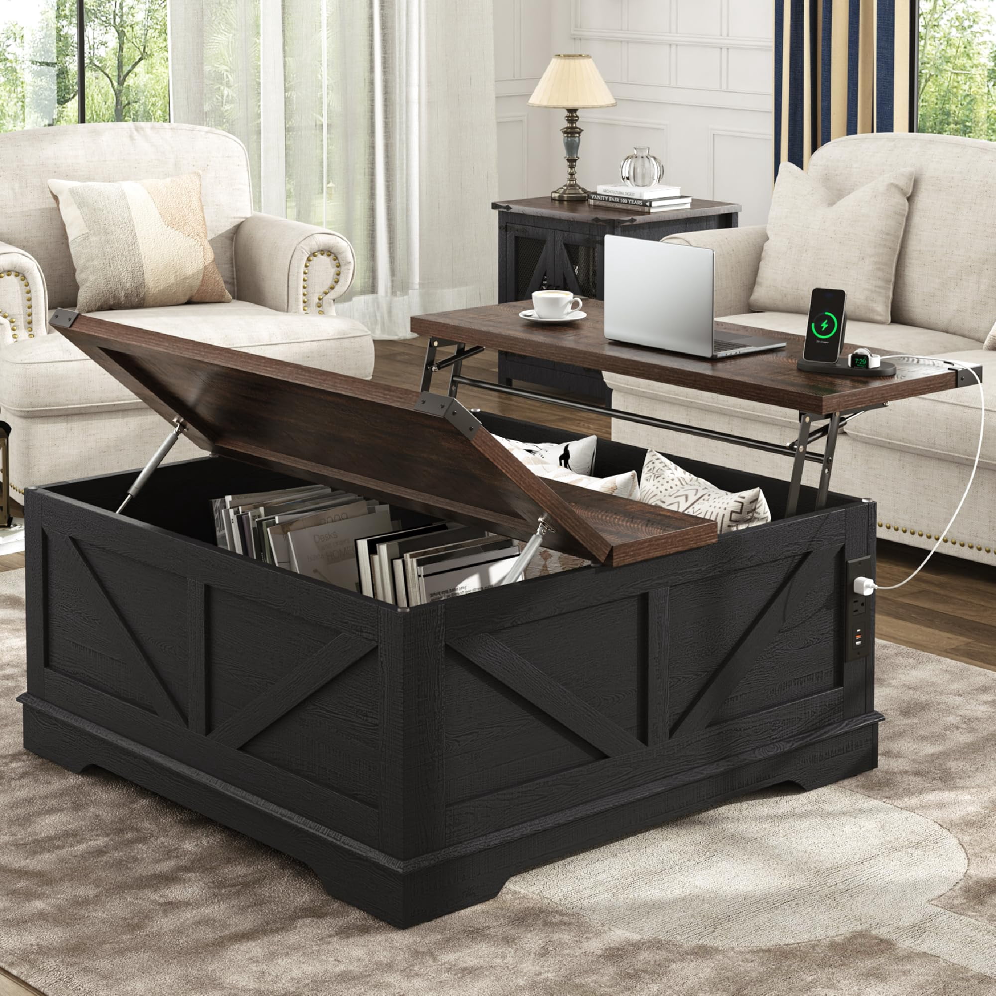 ChVans 40" Large Farmhouse Lift Top Coffee Table with Power Outlets, Square Wood Living Room Table with Large Hidden Storage, Multi-Function Lift Wooden Barn Door Center Table, Rustic Black