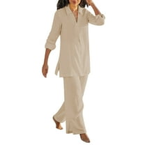 Bmisegm Women's Solid Color Vintage Pants Suit Cotton Casual Long Sleeved Loose Cotton Suit Womens Pant Suit Khaki L
