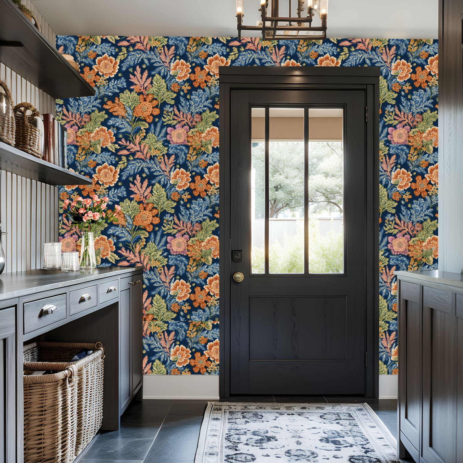 Vintage Peel and Stick Wallpaper Floral Orange Pink Flowers Dark Blue Wall Mural 17.7in x 9.8ft Self Adhesive Removable Wall Paper Renter Friendly Wallpaper for Nursery Bedroom Cabinets