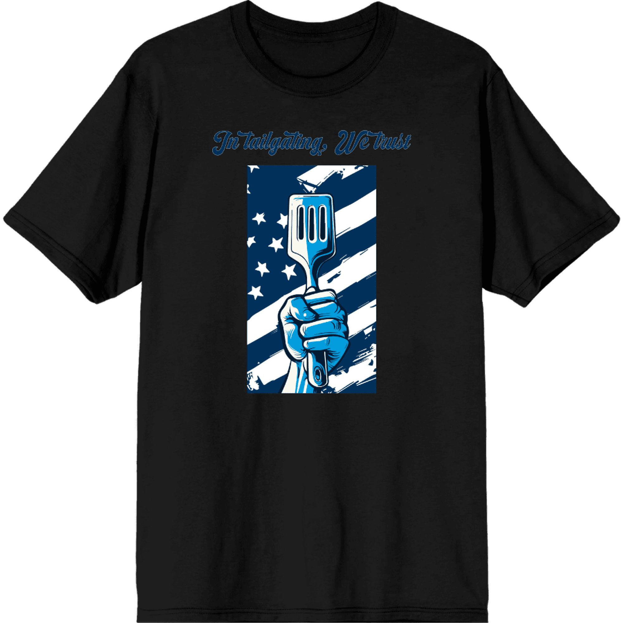 In Tailgating We Trust American Flag And Spatula Adult Black Crew Neck Short Sleeve Tee-XL