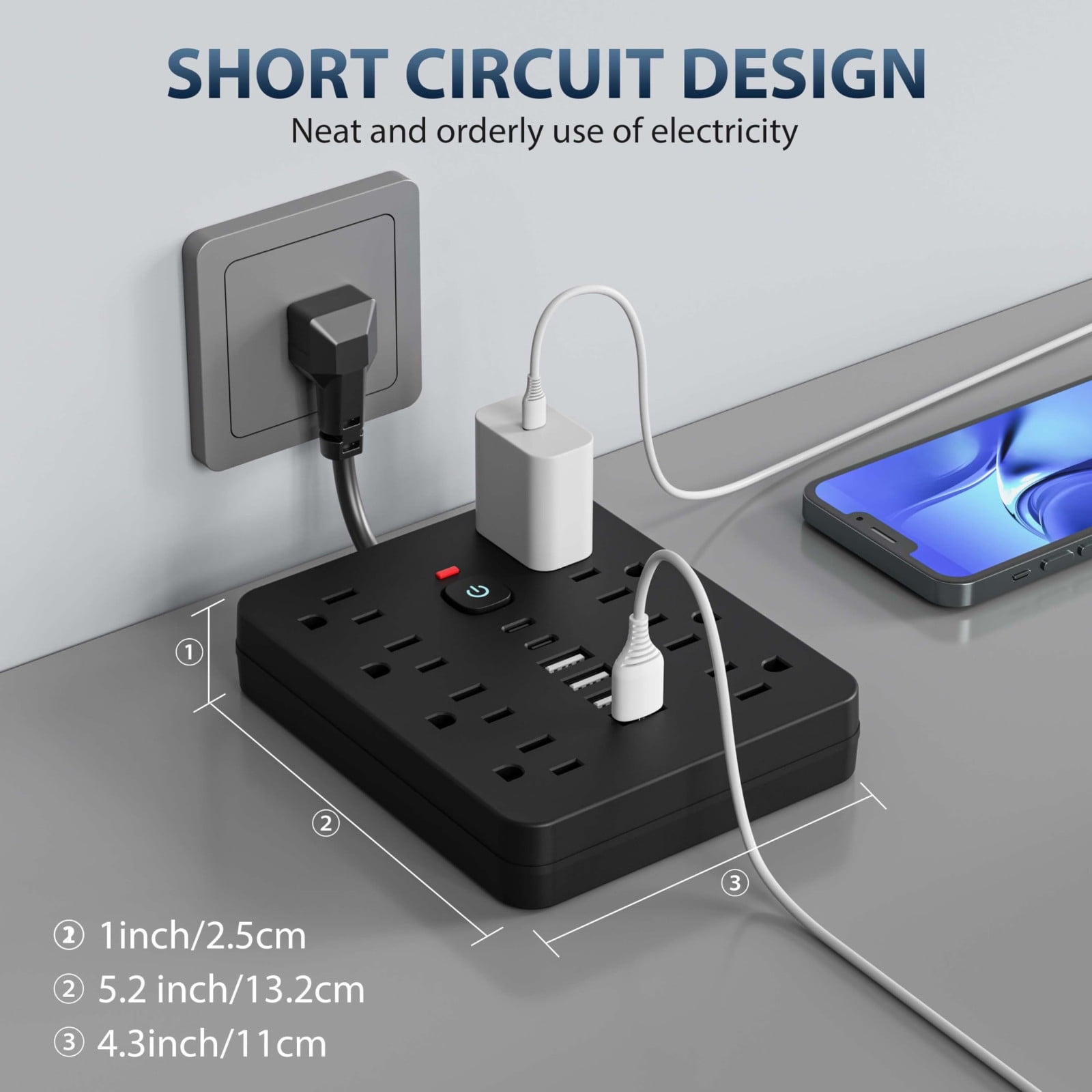 14-in-1 Multi-Function Power Board,Space-Saving Wall-Mounted Protector Power Strip with Surge Protection,Cord Outlets with Switch,Multiple Ac Outlets with 4 USB Ports,2 Type-C Power Outlets（White）
