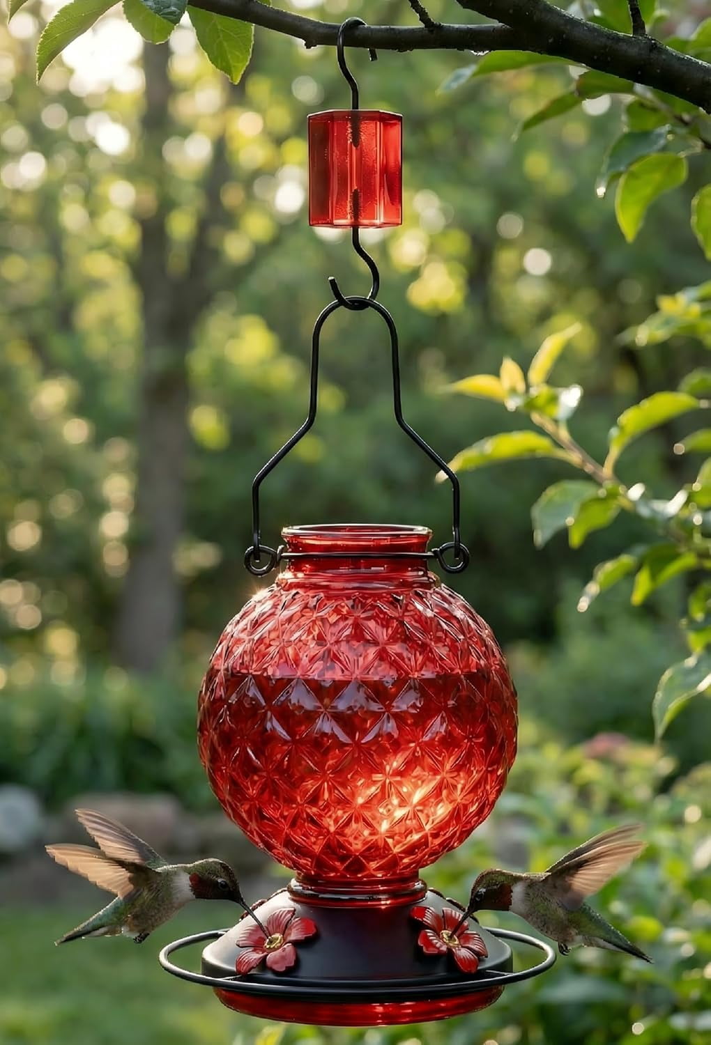 25 OZ Glass Hummingbird Feeder for Outdoors Hanging, Humming Bird Nectar Feeder with Ant Moat, 4 Bee-Proof Feeding Ports, 360° Perch, Leak-Proof, Gifts for Women Mom, Red