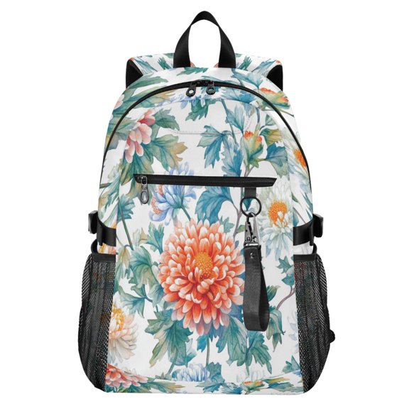 Full‑Print Casual Laptop Backpack, 20L Water‑Resistant Twill Tote Daypack with 14 Inch Computer Compartment for School Business Travel Chrysanthemums Maroon