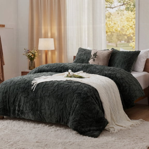 4-Piece Dark Green Leaf Jacquard Faux Fur Comforter Set, Boho Tufted Floral Fluffy Bedding Set with Decorative Throw Pillow, Queen