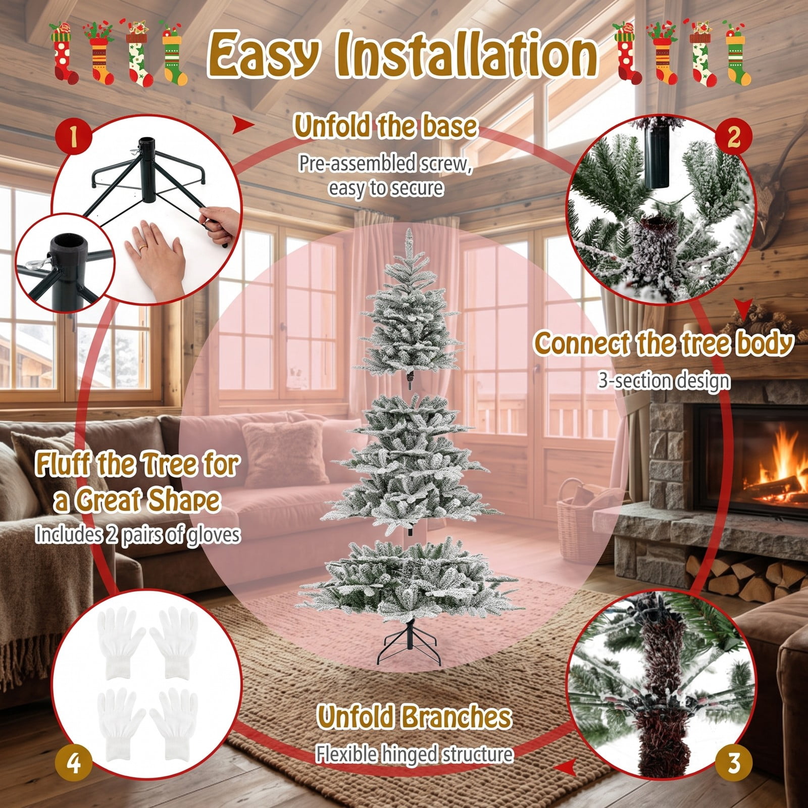 RUIE 7FT Snow Flocked Artificial Christmas Tree, Pre-Lit with 620 Cool White LED Lights, Remote & Timer, Hinged Metal Stand Holiday Tree, Green & White