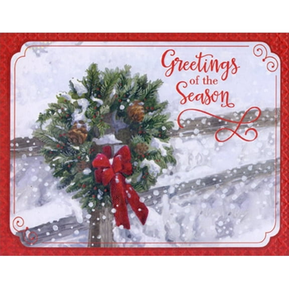 Designer Greetings Wreath on Fence in Winter Box of 18 Christmas Cards