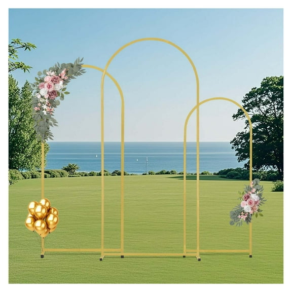 Wqmh Arch Backdrop Stand Set of 3, 6 ft/ 5 ft/ 4 ft Party Arch Stands for Wedding, Birthday, Baby Shower, Bridal Shower - Balloon Arched Frame for Garden Decor, Gold Floral Arches, 3 Pieces