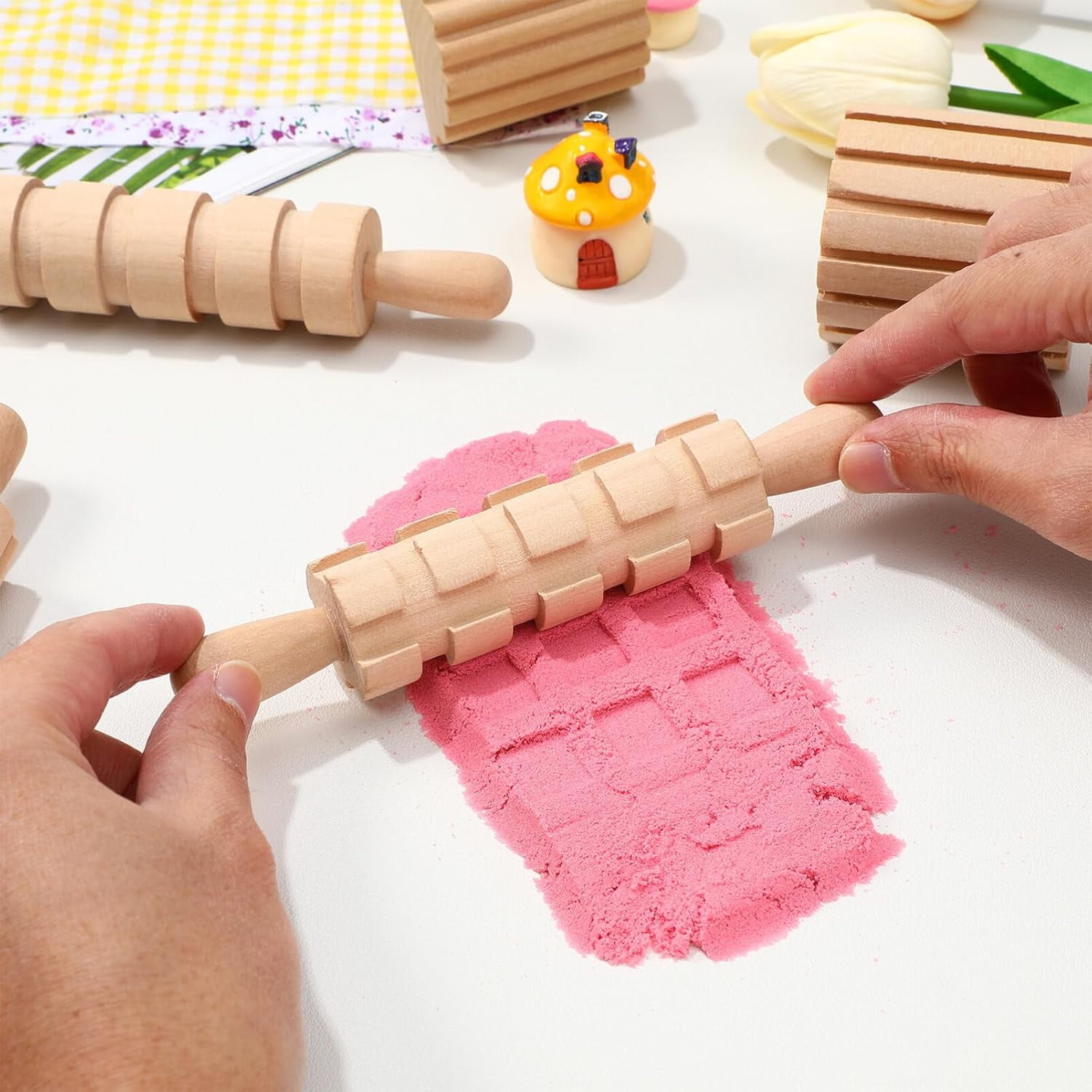 ABCISI Wooden Clay Tools, Kids Wood Stamps Hand Rollers Plasticine Molding Tools Set, Pottery Molding Clay Sculpting Accessories for Art DIY Crafts Activities, 12pcs