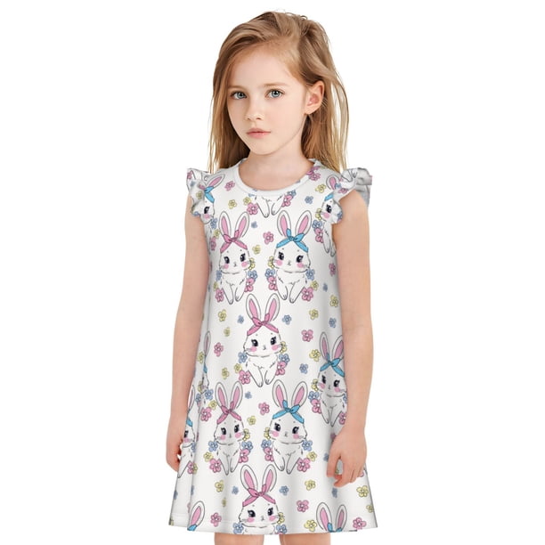 Balery Cartoon Cute Rabbit Camisón de princesa para niñas, pijama de algodón con mangas abullonadas, suave y bonito.-Medium