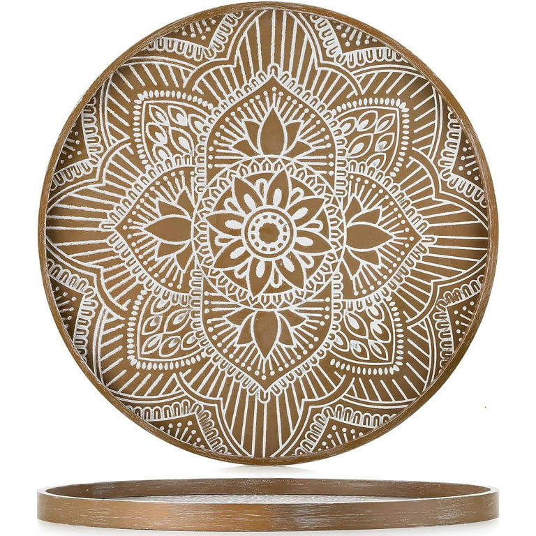 Hanobe Round Wood Decorative Tray Rustic Coffee Table Tray