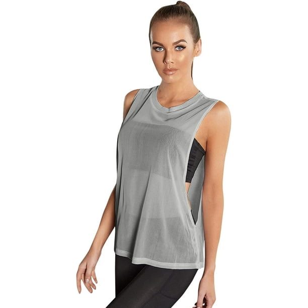 Women's Workout Yoga Tops Sheer Mesh Gym Exercise Shirts Flowy Tank Top 