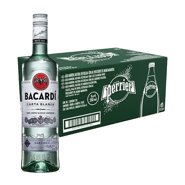 Pack 24 Agua Perrier 330 ml Ron Bacardi Carta Blanca Superior 980 ml Perrier