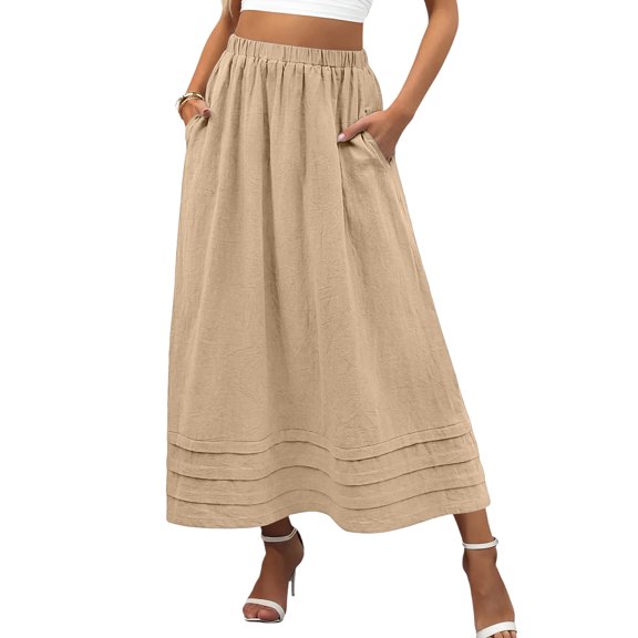 Boho Maxi Skirt with Pintuck Hem, Elastic High Waist A-Line Long Skirt with Pockets, Casual Solid Color Summer Slacks