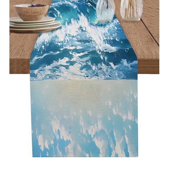 Blue Coastal Table Runner 72 Inches, Ocean Sea Nautical Summer Beach Bed Runner Dresser Scarves Tabletop for Indoor Outdoor Parties/Ceremony/Banquet, 16" x 72"