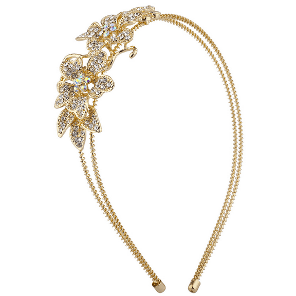 Lux Accessories Gold Tone Crystal Rhinestone Floral Flower 2 Row Coil Headband