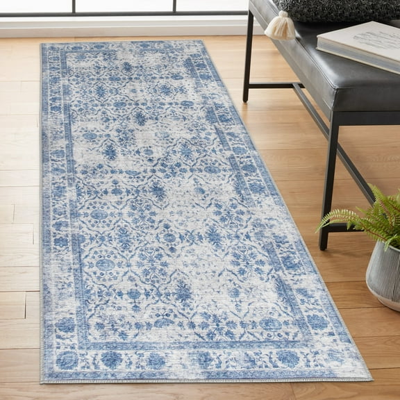 ReaLife Rugs Machine Washable Printed Vintage Distressed Trellis Gray-Blue Eco-friendly Recycled Fiber Area Runner Rug (2'6" x 6')