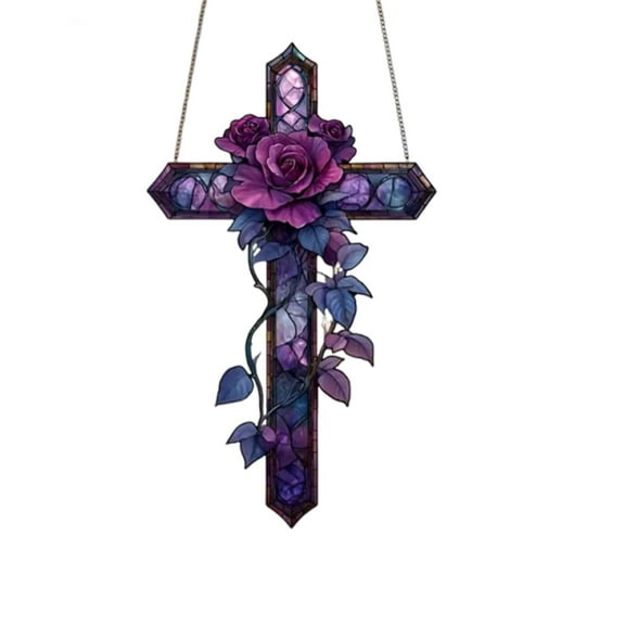 Purple Rose Hanging Decor 2D Flat Stained Acrylic Stained Glass Hanging Decoration For Christmas Room Aesthetic Outdoor Garden Yard And Balcony Decor