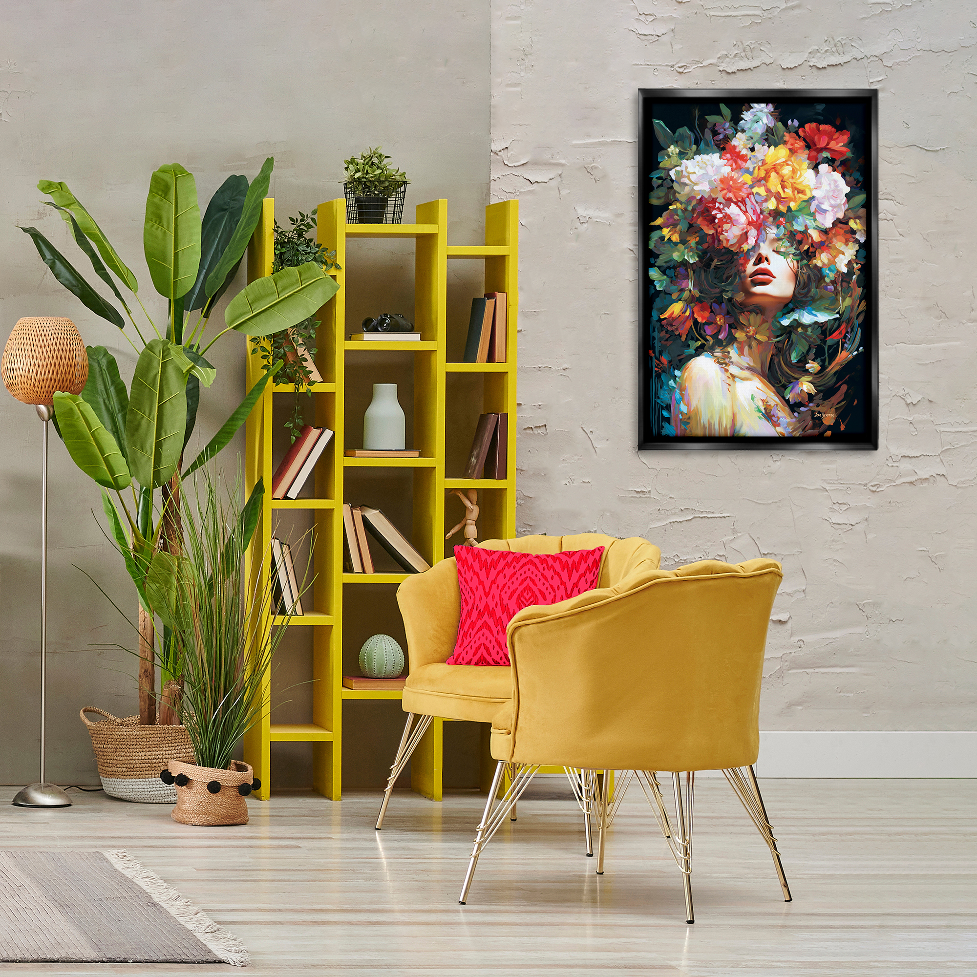 Stupell Industries Rose Bedecked Woman Plants & Flowers Painting Black Floater Framed Canvas Art Print Wall Art, 21 x 31