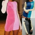 thumbnail image 4 of Women Long Sleeve O-Neck Bodycon Mini Dress Color Block Patchwork Velvet Sexy High Waist Package Hip Stretch Clubwear, 4 of 20