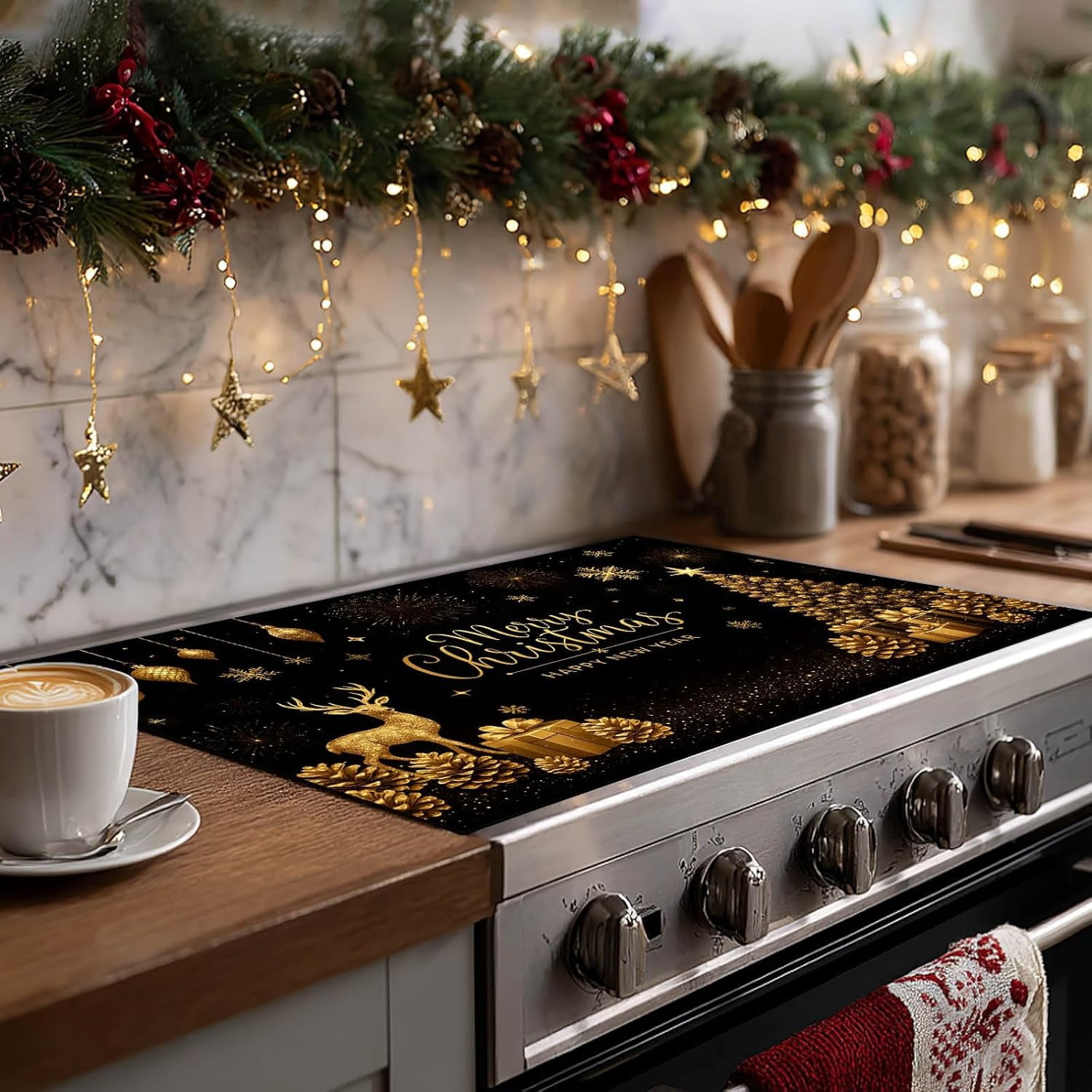 Christmas Stove Top Cover 28x20 Inch Glass Top Protector Silicone Cooktop Mat Heat Resistant Stovetop Cover Golden Deer Tree Holiday Kitchen Decoration