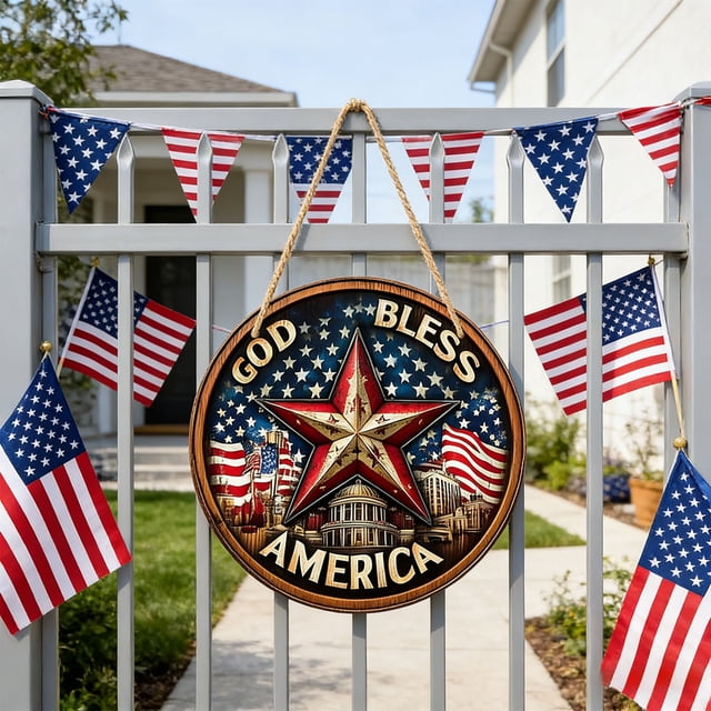 America Wooden Hanging Sign Patriotic Round Wall Decor For Home And Porch