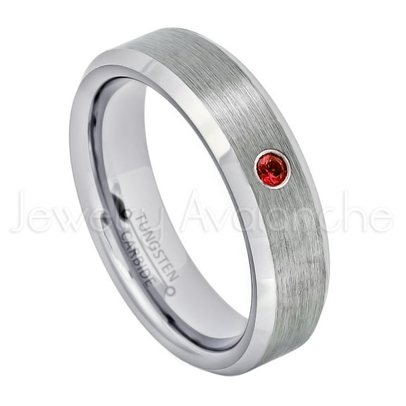 6mm Ladies Beveled Tungsten Ring - 0.07ct Solitaire Garnet Ring - Personalized Tungsten Wedding Ring - Custom Made January Birthstone Ring TN038BS