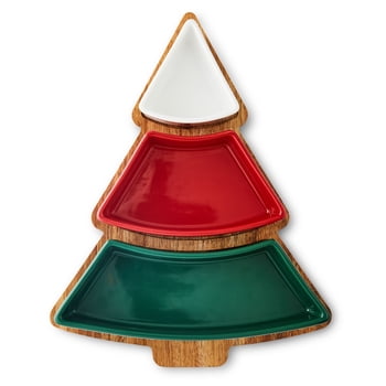 Acacia Wood Christmas Tree Charcuterie Tray with Ceramic Bowls, 4 Pieces, by Holiday Time
