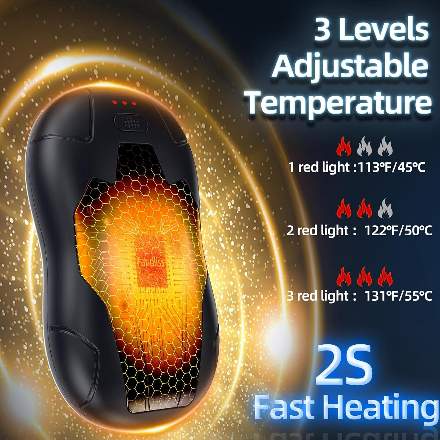 Hand Warmers Rechargeable 2 Pack,FANDLISS 10000mAh Magnetic Double Side Heating, Electric Hand Warmers 3 Levels Lasting Heat,Outdoor Heater Men Women Present for Christmas,Camping,Hunting