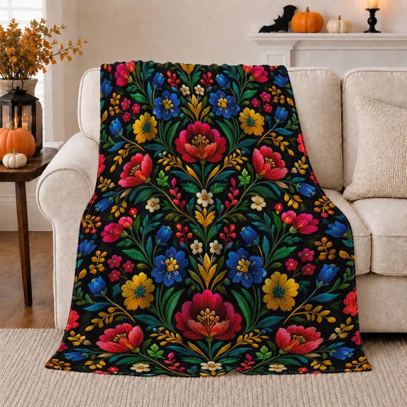 Vibrant Folk Art Floral Botanical Black Cheerful Decorative, Warm Flannel Blanket for Sunroom and Reading Nook, Festive autumn celebration Scene, Art Lovers autumn celebration Gift
