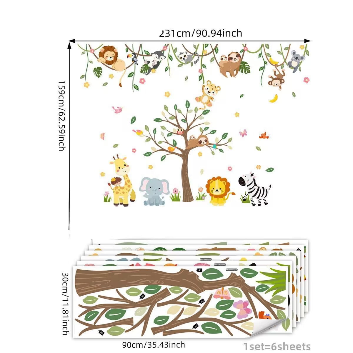 Jungle Animals Tree Branch Wall Decals Safari Monkey Giraffe Lion Wall Stickers Removable Peel and Stick Baby Nursery Kids Room Daycare Wall Decor