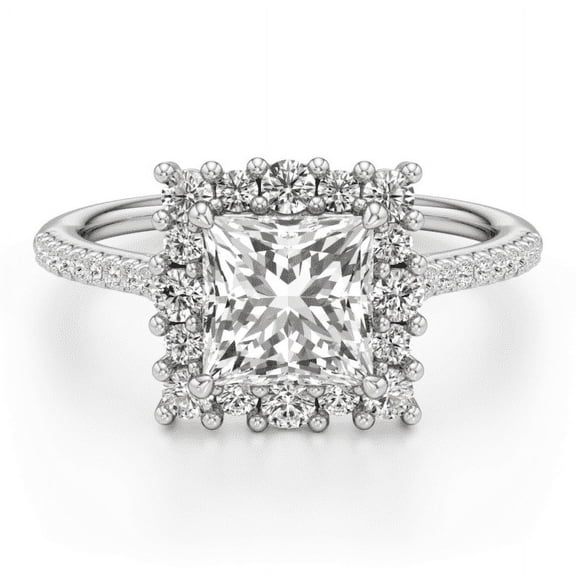Lina Jewel 1.92 Ct Excellent Princess Cut Diamond Halo Rings - Solitaire with Accent Lab-Created Simulated Diamond & Eternity Band in 14K White Gold Plated - Wedding Engagement Rings for Women's