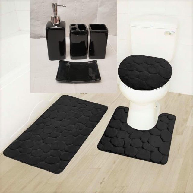 7 Pieces Luxury Bath Complete Rug Set and Solid Ceramic Bathroom Accessories New Innovate Rock Design (Black Jet)