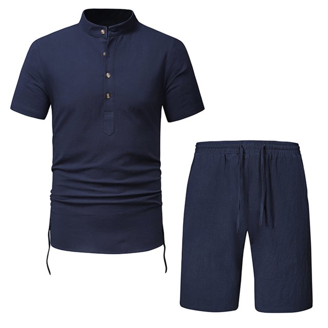BADHUB Mens Thin Linen Set Summer Henley Shirt Loose Large Size Cotton Linen Two Piece Set Short Summer Beach Pants Solid Color Lightweight Sets