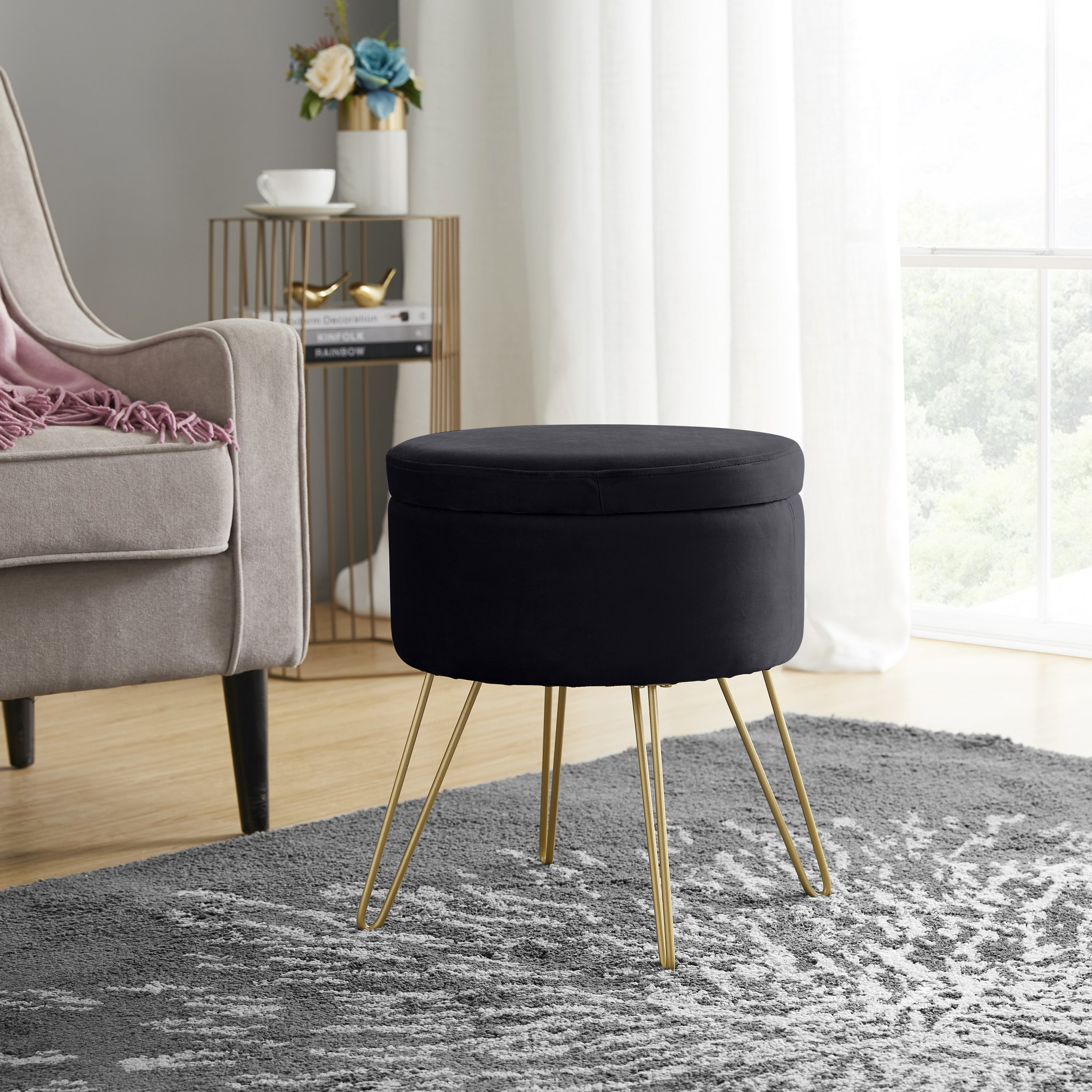 LIFA LIVING Round Velvet Ottoman with Gold Metal Legs Retro Coffee Side Table Bedroom Gold Modern Dressing Chair for Living Room 100 kg Capacity Upholstered Footstool Pouf 55 x 35cm 
