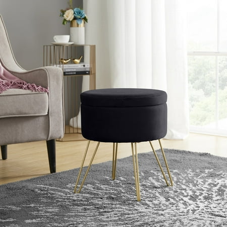 Modern Round Velvet Storage Ottoman Foot Rest Stool/Seat with Gold Metal Legs & Tray Top Coffee Table -