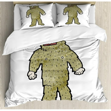 Bright Colored Bedding Sets Bigfoot Duvet Cover Set Queen Size, Quirky Bigfoot Figure with Grungy Colored Fur Hand-Drawn Retro Cartoon Concept, Decorative 3 Piece Bedding Set with 2 Pillow Shams, Khaki Black, by Ambesonne ()