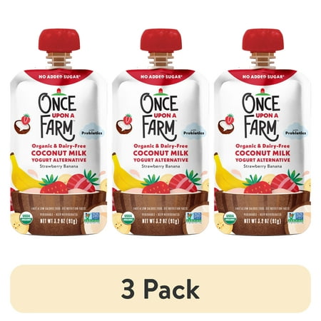 (3 pack) Once Upon a Farm Organic Refrigerated Baby Food Coconut Yogurt, Strawberry Banana, 3.2oz Pouch