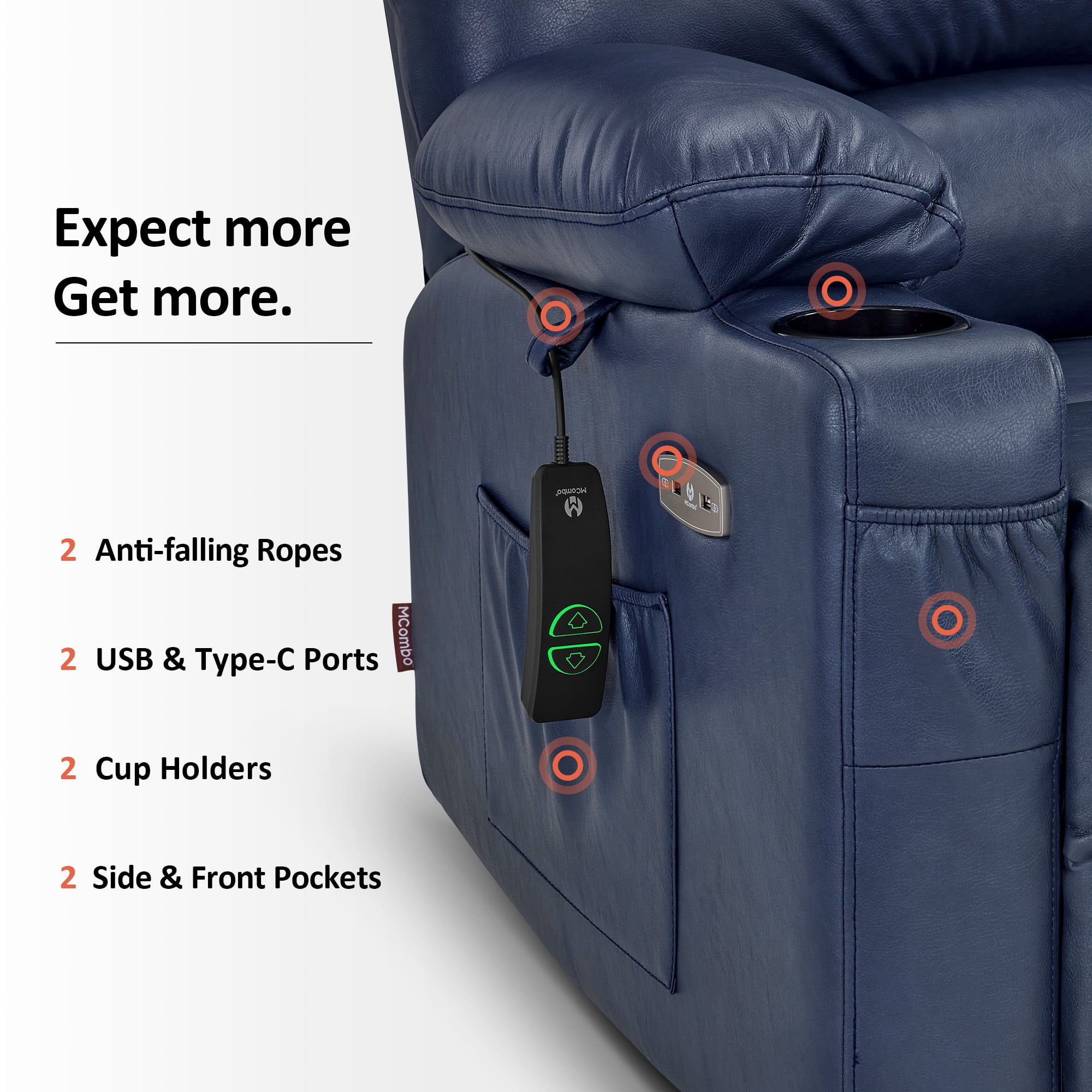 MCombo Power Lift Recliner Chair with Massage Heat, Extended Footrest, Faux Leather(Medium-Regular, Blue)